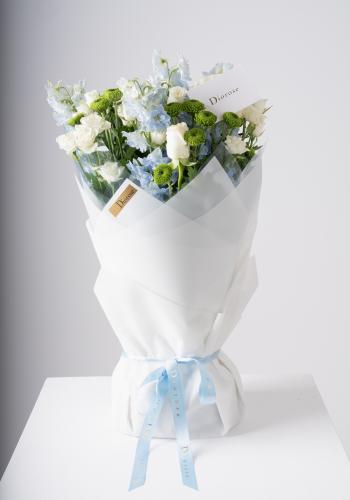 Delphinium, White Spray Roses & Green Chrysanthemums Hand Bouquet