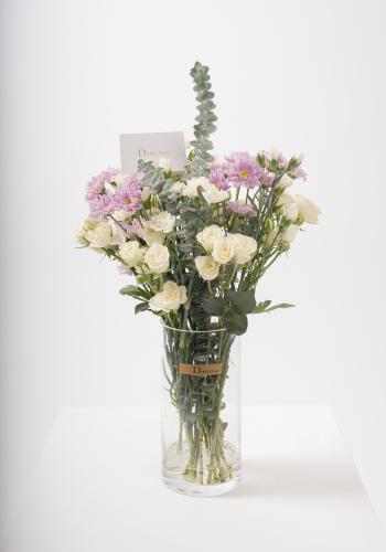 Clear Vase with White Spray Roses & Purple Florals