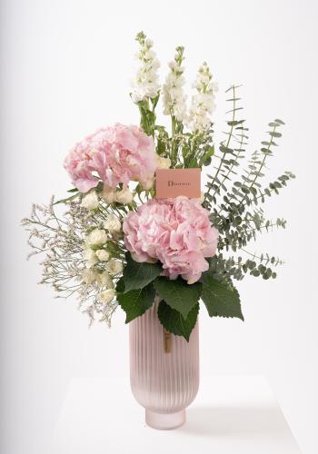 Pink Glass Vase with Light Pink Hydrangea & Seasonal Florals