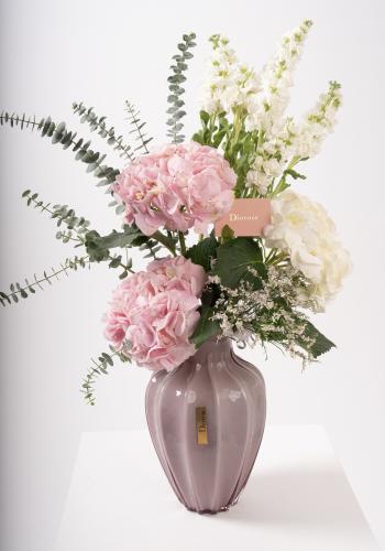 Luxury Pink Glass Vase with Hydrangeas & Seasonal Florals